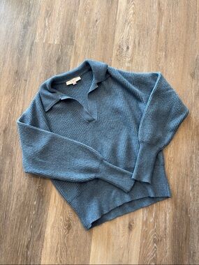 Loft Soft Knit Ribbed Collared Split Neck Sweater - Blue Slate Melange